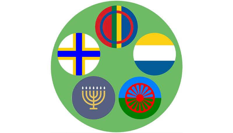 Bilden föreställer en ring med flera symboler i. Symbolerna står för olika minoritetsfolk.